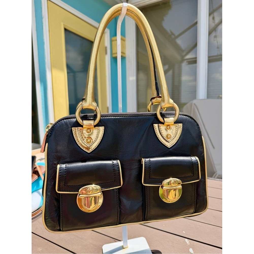 Marc Jacobs Rare Vintage Runway Black Lambskin Gold Metallic Satchel Bag - Picture 6 of 17